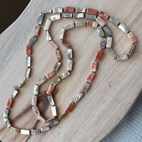 Vintage Les Bernard 56" Beaded Knotted Abalone Shell Necklace - Picture 1 of 7